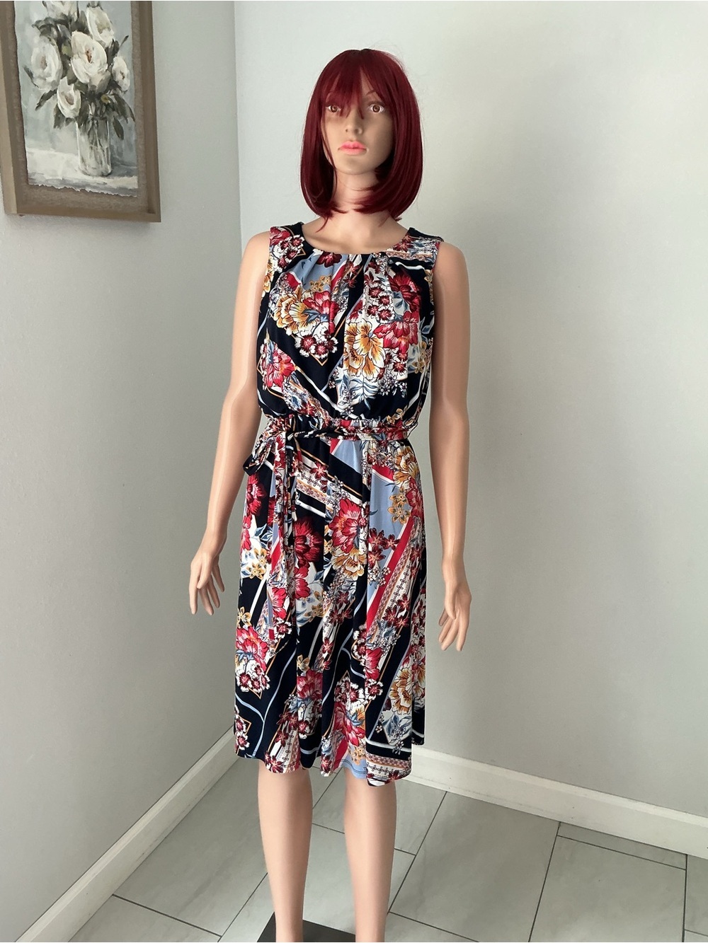 Enfocus Studio Navy Floral Sleeveless Midi Dress with Red Accents